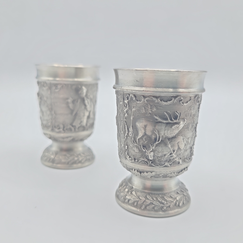 Vintage German Pewter Shot Glasses Set of 2 Hunting Scene Zinn Cups